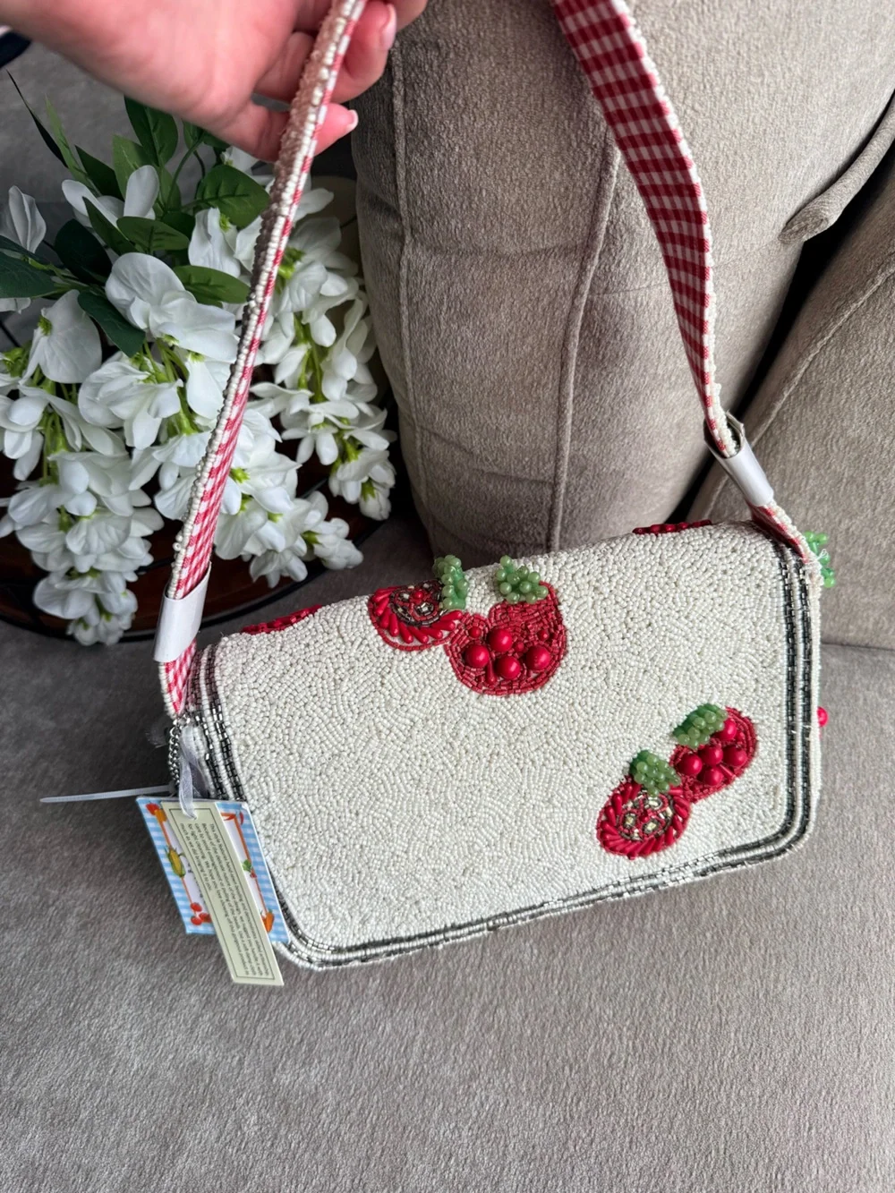 Made in India Tomato Red & White Beaded Shoulder Bag with Tomato Charm NWT